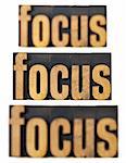 focus word in and out of focus  - a collage of isolated text in vintage letterpress wood type