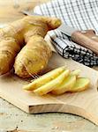 Fresh ginger root on a cutting board