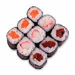 Classic japanese meal - sushi with differend kinds of fresh fish: salmon, tuna, butterfish -With Clipping Path