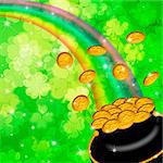 Pot of Gold and Rainbow Over Lucky Irish Shamrock Four-Leaf Clover Blurred Background Illustration