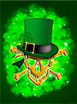 St Patricks Day Golden Skull with Leprechaun Hat with Shamrocks Bokeh Blurred Background Illustration