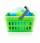 Vector illustration of global shopping concept with supermarket basket containing  globe