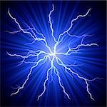 electrical white blue lightnings fireball over dark background