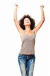 Happy Afro-American young woman isolated on white with arms on the air