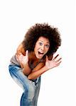 Afro-American young woman yelling with afraid of something, isolated on white