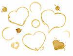 Collection of hearts from coffee drops. Isolated over white