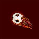 Flying Soccer Ball with Flame on Dark Red Background. Vector Illustration.