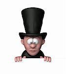 cartoon undertaker with big black hat and blank white board - 3d illustration
