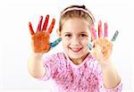 Little girl with painted hands on white background