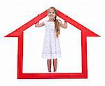 This is my new home - happy little girl with house shaped frame