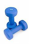 pair of 3 kg rubber dipped blue dumbbell, selective focus