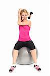 Young woman doing Seated Dumbbell One Arm Triceps Extensions on Fitnes Ball, phase 1 of 2.