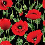 Seamless from red poppies and green leaves.Clipping Mask.(can be repeated and scaled in any size)