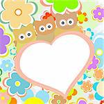 owls in flowers with big heart. vector greetings card