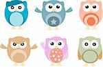 Set of six vector cartoon owls with various emotions