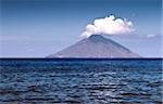 View of the Stromboli volcano over the sea