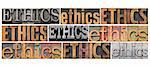 ethics concept - a collage of 9 isolated words in different vintage letterpress metal and wood types