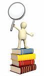 Puppet with loupe and books. Isolated over white