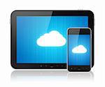 Cloud computing connection on digital tablet pc and modern smart phone. Conceptual image. Isolated on white.