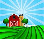 Red Barn with Grain Elevator Silo and Trees with Green Crop Pastures Illustration