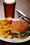 Photo of a burger with fries and a cold beer served at a Pub.