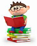 cute little cartoon boy sitting on books reading - high quality 3d illustration