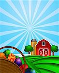 Happy Easter Day Eggs Basket with Red Barn Grain Elevator Silo and Trees on Green Pastures Illustration