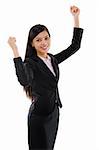 Portrait of excited business woman celebrating success over white background