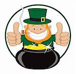 Cartoon leprechaun with gold coin pot showing thumbs up. Vector eps8. Separate layers