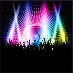 Silhouette of an excited party crowd on a music speaker background