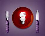 Creative Thinking With Brainstorming, glow lamp in red plate knife and frok.