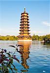 One of the twin pagoda reflected in the lake in Guilin, China