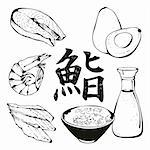 Set of hand-drawn food ingredients for sushi