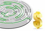 Concept - Success in Business. Circular Labyrinth with the solution and Dollar Sign, vector illustration.