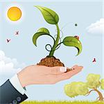 Business Woman Hand with the Sprout from the Ground on Nature Background, vector illustration
