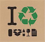 I recycle, green recycle sign and differents material icons on cardboard texture