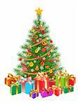 decorated christmas tree, presents, isolated on white