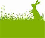 Easter green background, bunny or rabbit sitting in the meadow with flowers, vector illustration