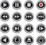 Metallic and black glossy multimedia control button/icon set. Vector illustration