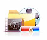 Vector illustration of yellow interface computer digital video folder icon with large simple film reel and 3d glasses