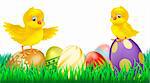 Two cute happy little yellow Easter chicks on top of colorful decorated Easter eggs