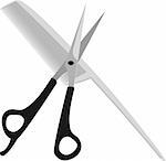 A set used by barbers and hair stylists. Scissors are crosswise to the comb on a white background. (made in Abode Illustrator 8  eps)