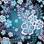 Seamless black and white-blue floral pattern with flowers and leaves (vector EPS 10)