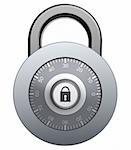 3d illustration of solid steel combination lock, isolated over white background