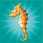 Funny cartoon seahorse on the blue background