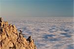 Evening rocks and sea in clouds. Crimean mountains, Ukraine.