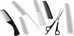 A set used by barbers and hair stylists. Hairdressing scissors and combs are many different on a white background