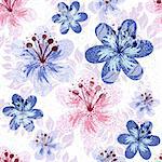 Seamless pink and white-blue floral pattern with flowers and translucent leaves (vector EPS 10)
