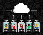 Cloud computing social team under cloud with cell phone connection on black background.  Vector file available.