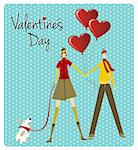 Couple and dog with heart balloons for Valentines day love greeting card background. Vector file available.